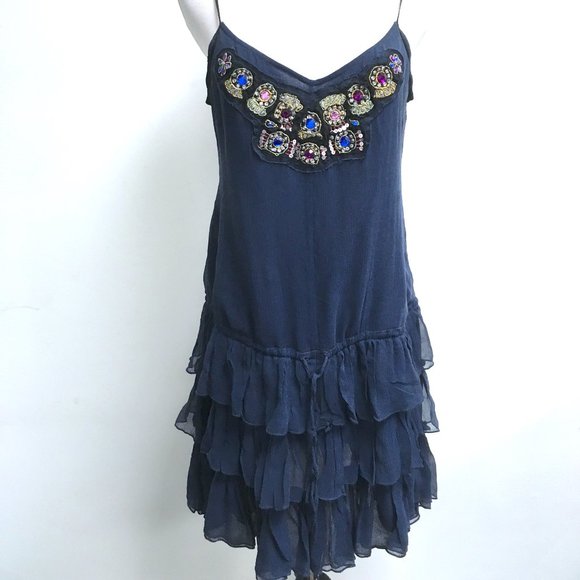 Free People Dresses & Skirts - Free People navy blue silk beaded flapper dress M